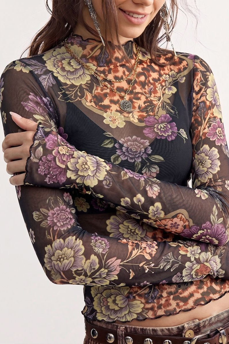 Floral Animal Print Mesh Long Sleeved T-shirts