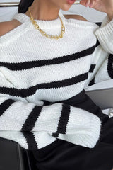 Striped Cutout Shoulder Knit Sweater