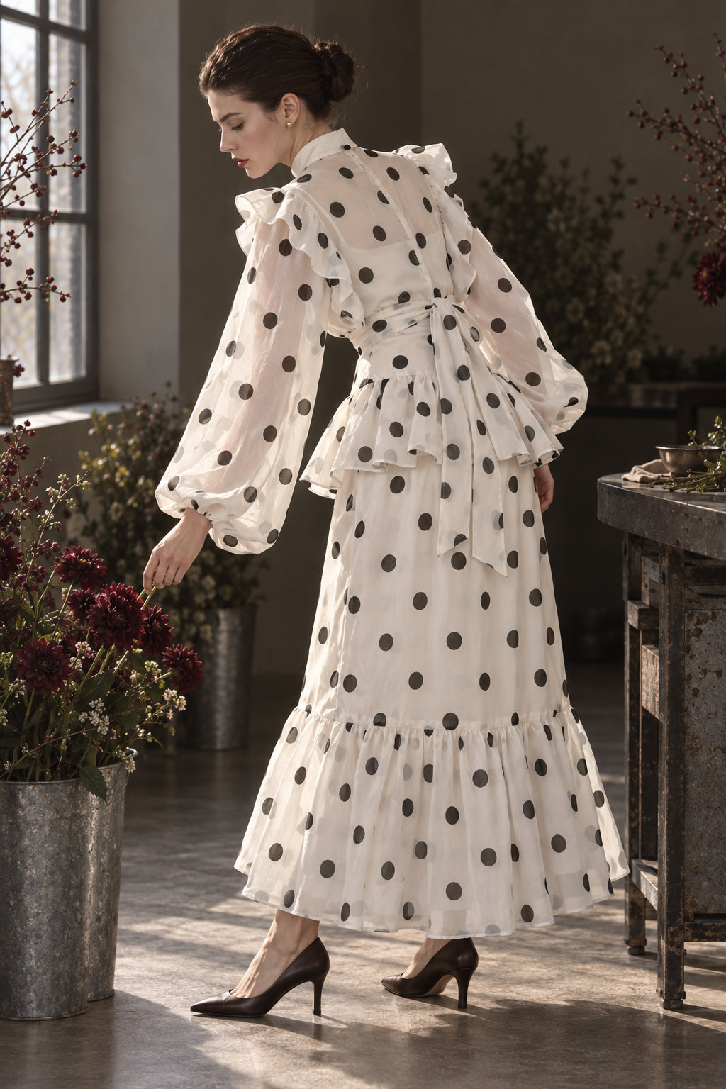 Sheer Polka Dot Long Sleeve Maxi Dress