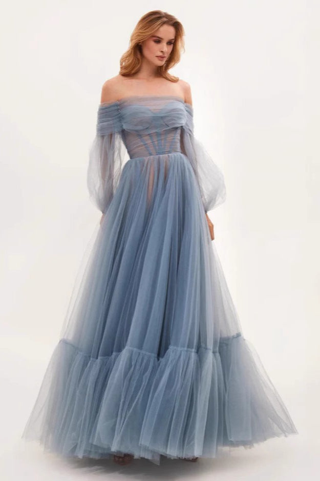 Off Shoulder Mesh Long Sleeve Prom Dress Main image