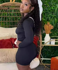 Zipper Turtleneck Long Sleeve Jacket Black Two Piece Shorts Set