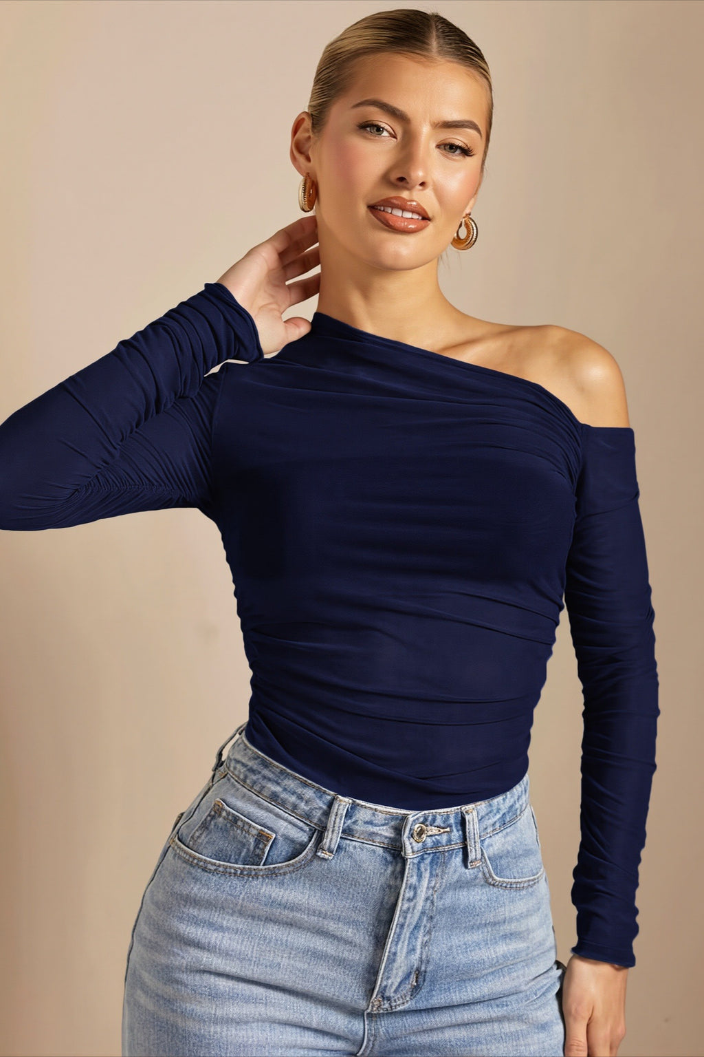 Draped Asymmetric Neck Long Sleeved T-shirts