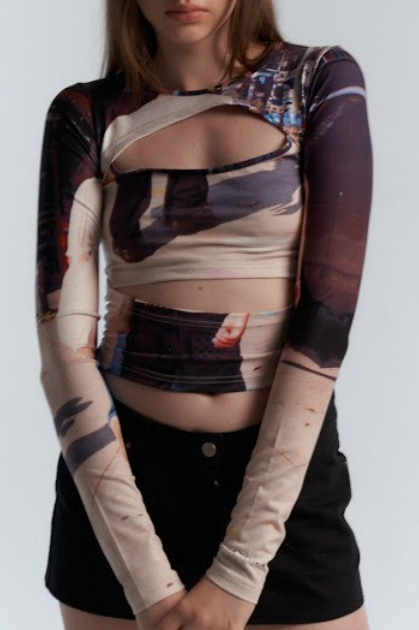 Y2K Cutout Slim Asymmetric Print Long Sleeve Crop Top Main image