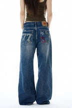 Star Embroidered Vintage Straight Leg Jeans