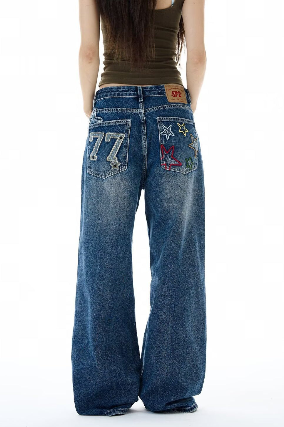 Star Embroidered Vintage Straight Leg Jeans