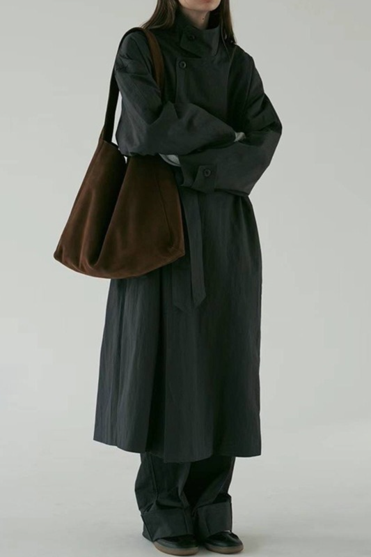 Silhouette Stand Collar Minimalist Commuting Long Trench Overcoat Main image