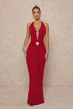 Deep V Metal Ring Ruched Party Dress