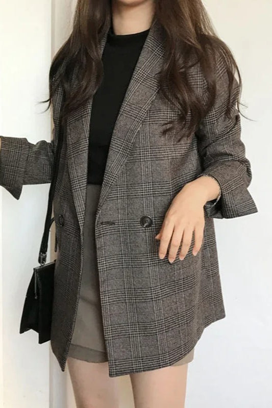 Plaid Double-Breasted Long Blazer Main image