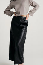 High Slit PU Leather Bodycon Skirt