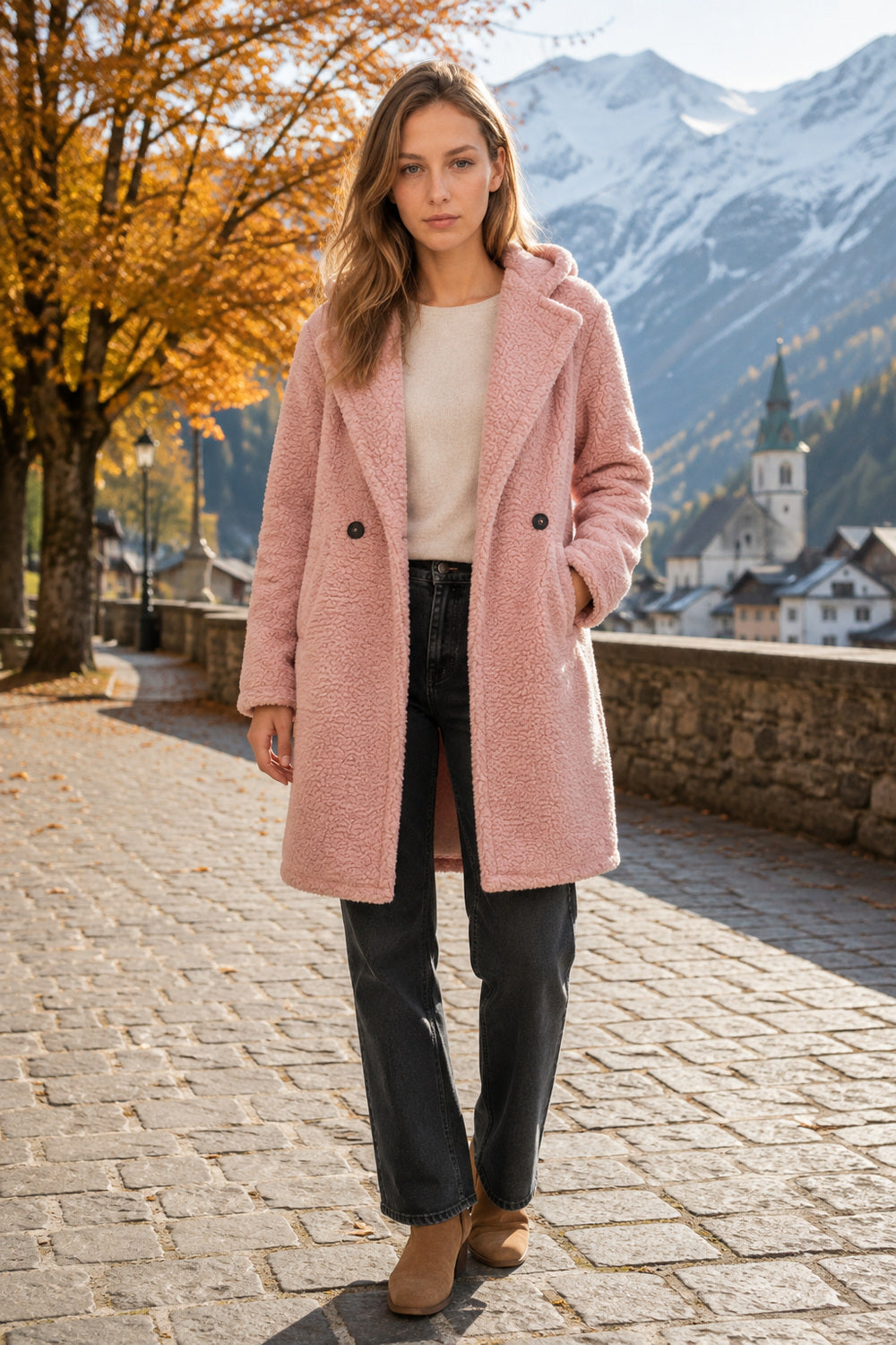 Mid-Length Fuzzy Lapel Coat