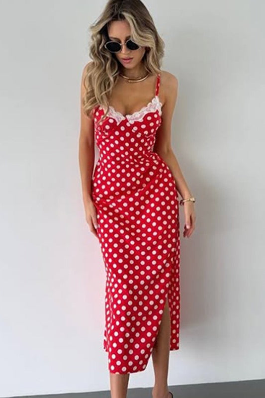 Lace Trim V-Neck Polka Cami Slit Fit Lace Dress Main image