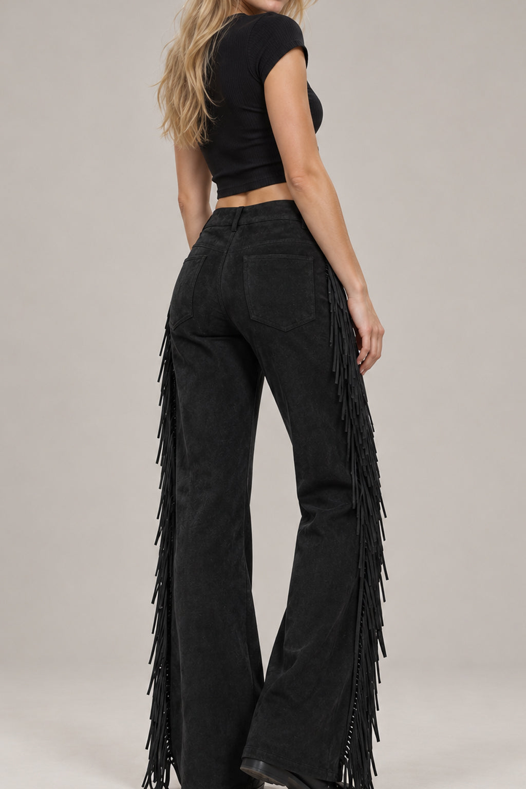 Side Fringe Suede Look Wide Leg Pants
