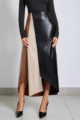 Color Block PU Leather High Waist Skirt