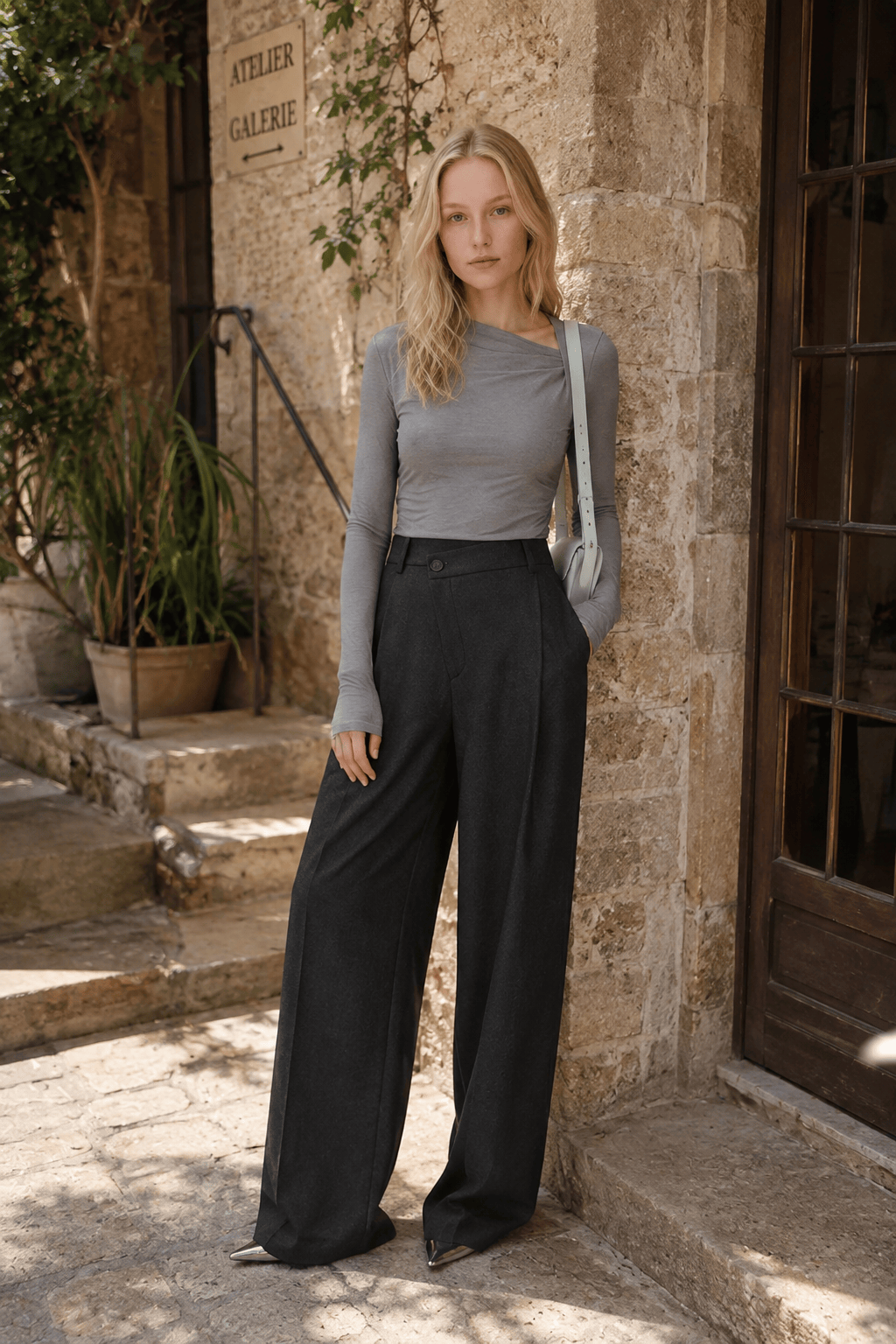 Ribbed Knit Long Trendy Sleeve Asymmetric Shirt Main image