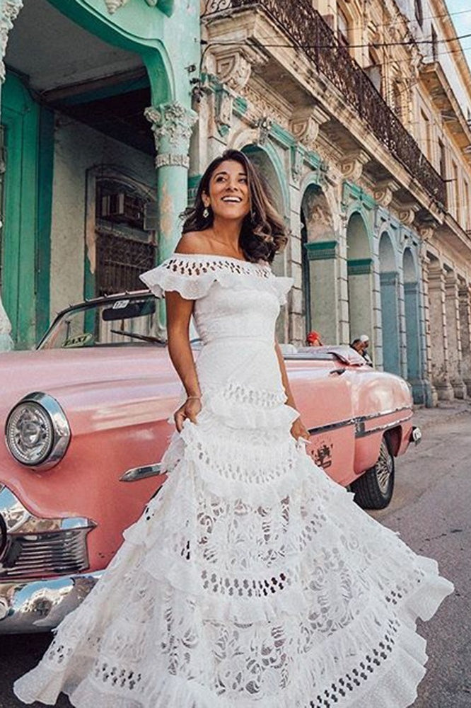 Ruffled Cutout Off Shoulder Flare Lace Maxi Boho Dress Main image