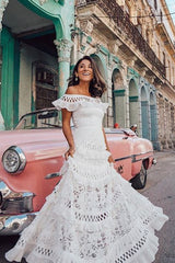 Ruffled Cutout Off Shoulder Flare Lace Maxi Boho Dress