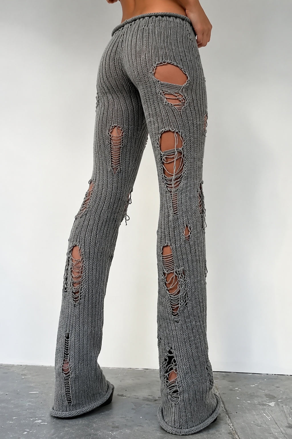 Distressed Ribbed Knit Flared Pants