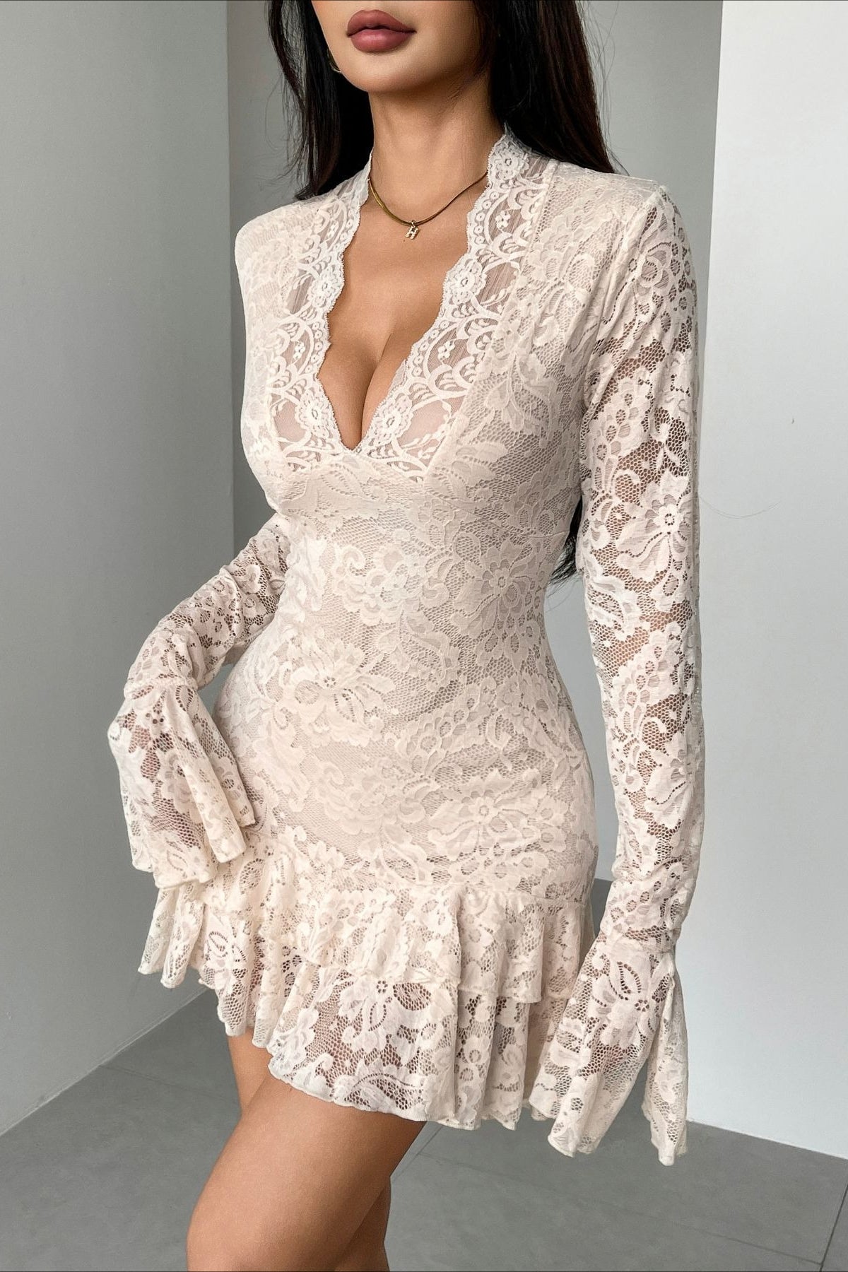 V Neck Ruffled Lace Dress Main image