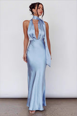 Deep V Halter Backless Prom Dress