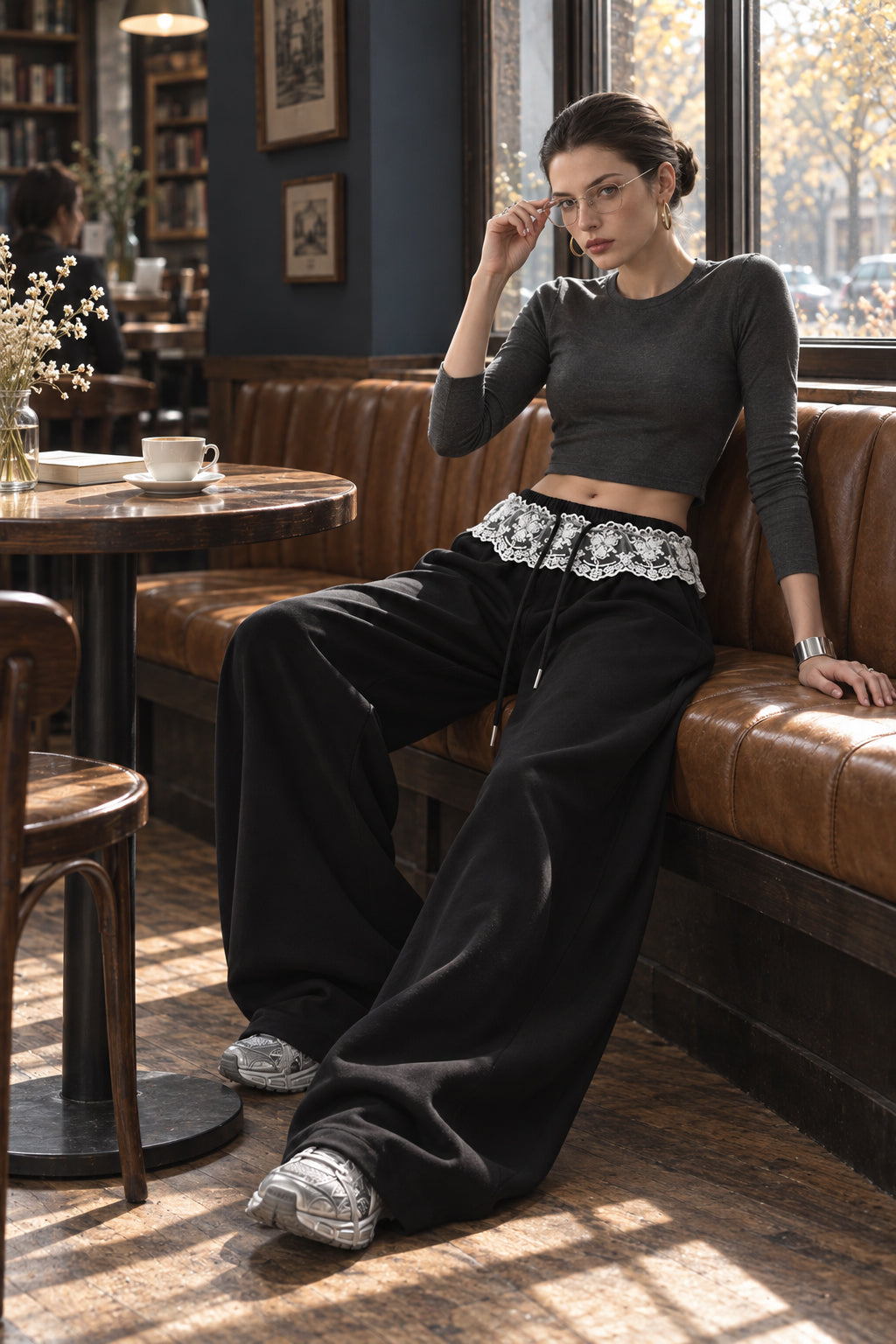 Lace Waist Wide Leg Sweat Pants