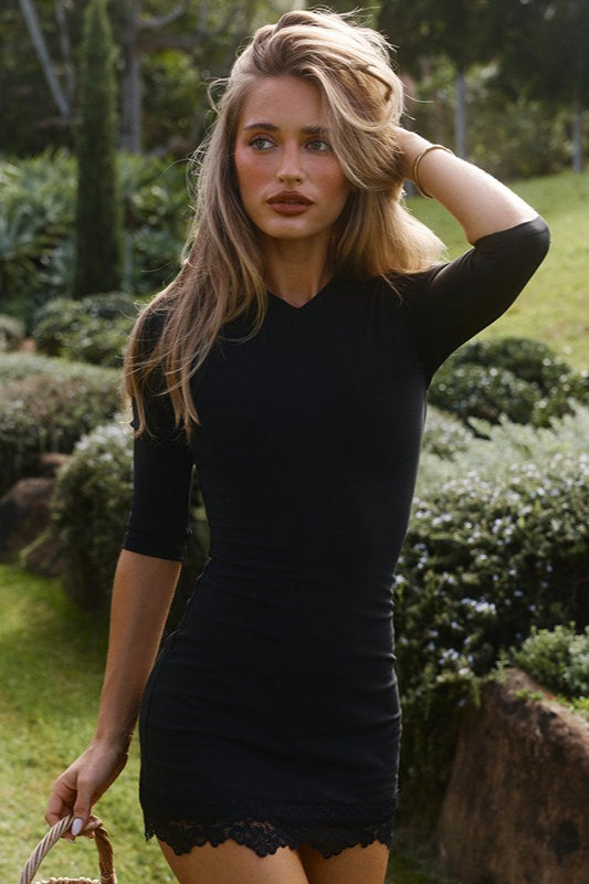 Lace Trim Round Neck Short Sleeve Slim Lace Dress Main image