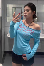 Logo One Shoulder Sheer Long Sleeve Top