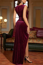 Deep V Ruched Slit Metallic Velvet Long Formal Dress