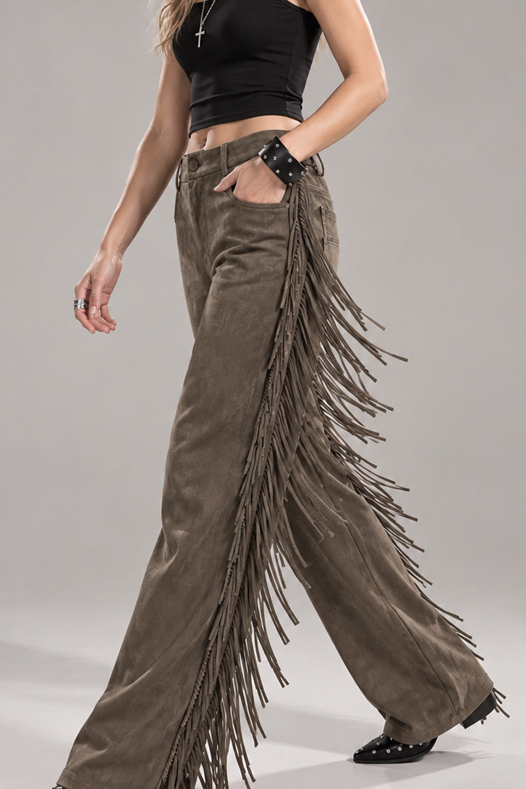 Side Fringe Suede Look Wide Leg Pants