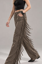 Side Fringe Suede Look Wide Leg Pants