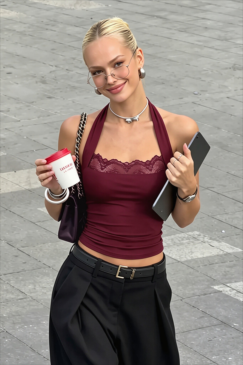 Lace Panelled Backless Tie Fitted Crop Top