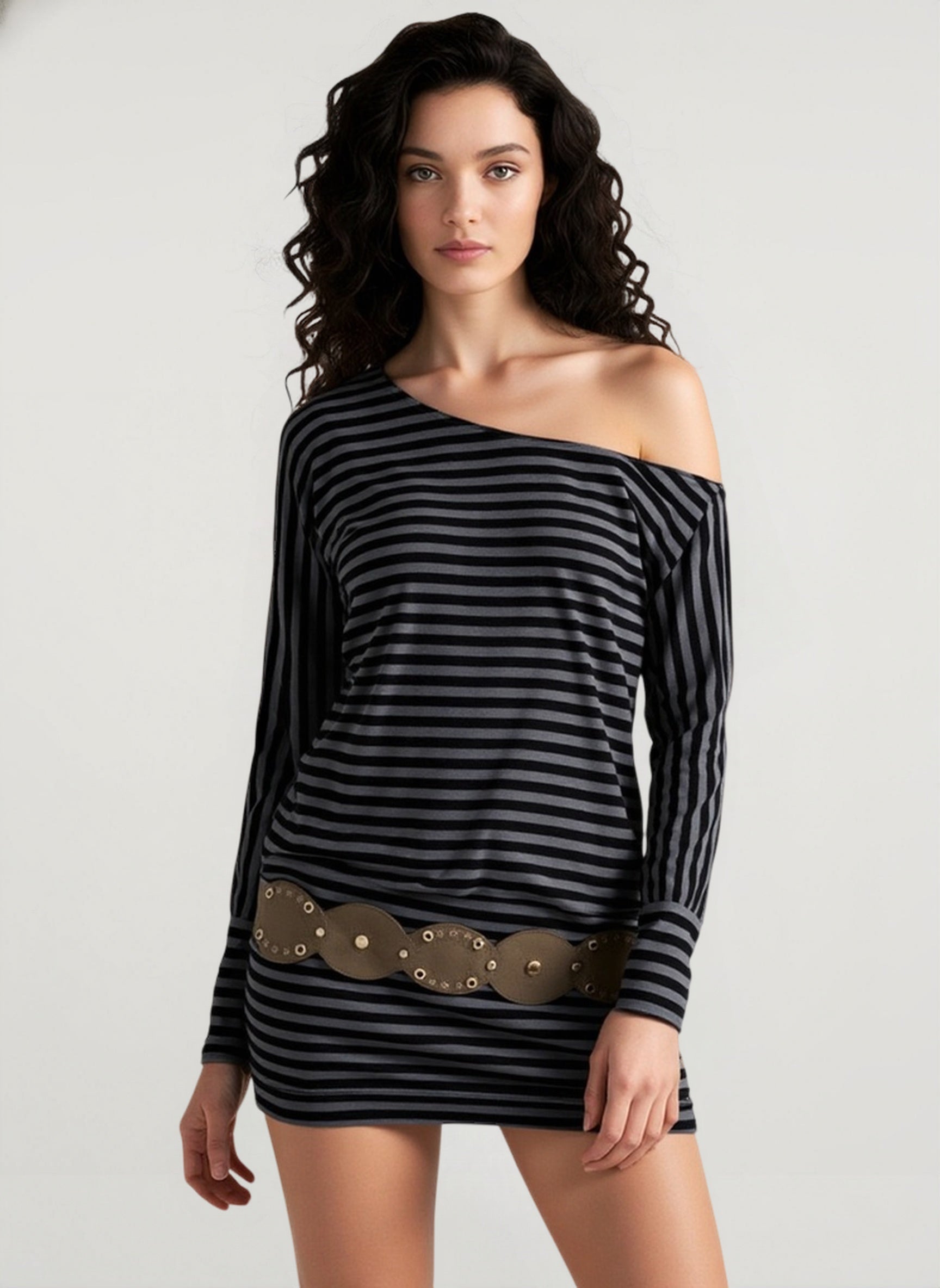 Stripe One Shoulder Long Sleeve Waist Cinch Mini Bodycon Dress Main image