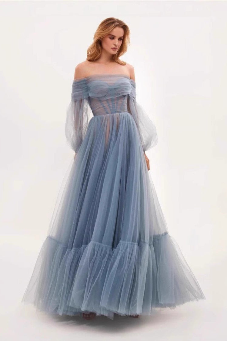 Off Shoulder Mesh Long Sleeve Prom Dress Main image