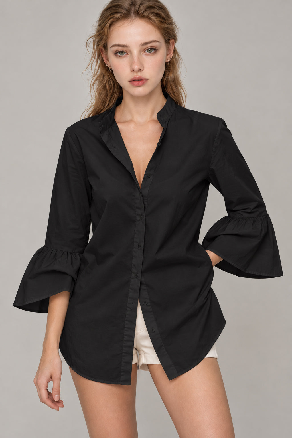 Flare Sleeve Solid Color V Neck Blouse Secondary image