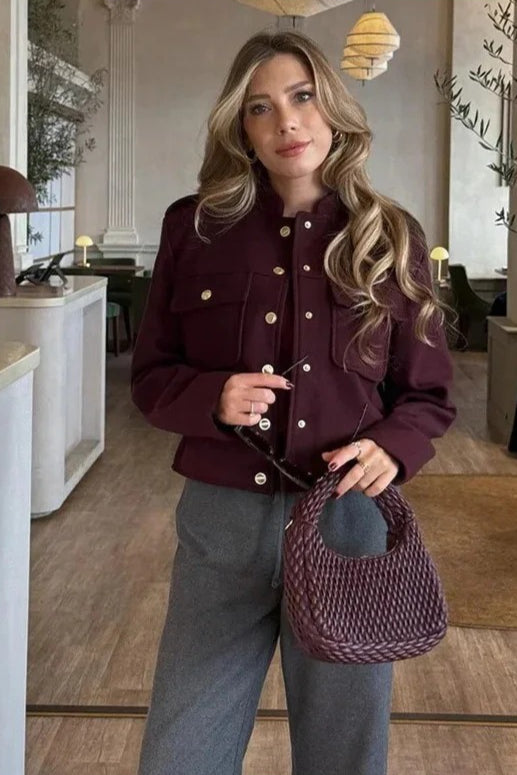 Retro Double Breasted Cropped Stand Collar Coat Main image