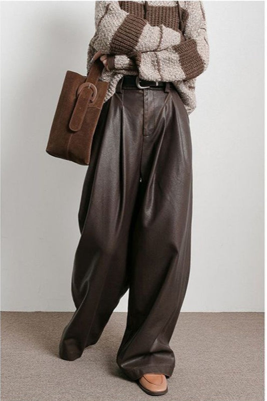 Vintage Brown Fleece Lined PU Pleated Wide Leg Pants Secondary image