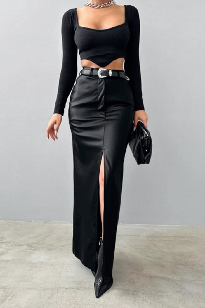 Solid Leather High Waist Slit Skirt Main image