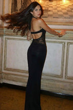 Black Halter Lace Panel Waist Tie Bodycon Maxi Lace Dress