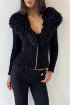 Black Plush Collar Fitted Zip Cardigan Sweater