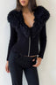Black Plush Collar Fitted Zip Cardigan Sweater