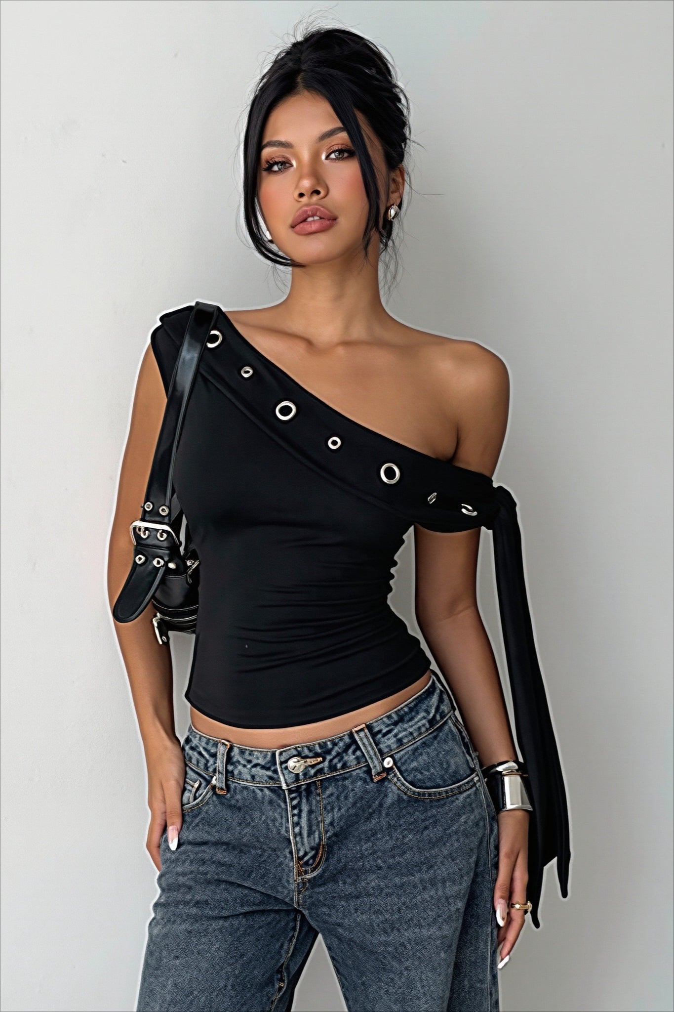One-Shoulder Eyelet Sash Detail Crop Top
