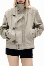 Washed Toggle Front High Collar Utility Jacket