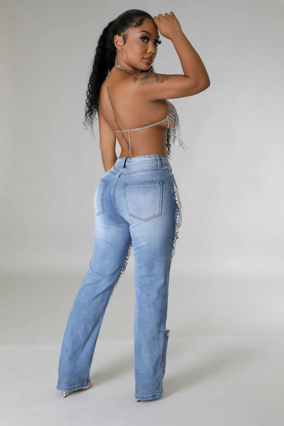 Draped Embellishment Cutout Straight Leg Jeans