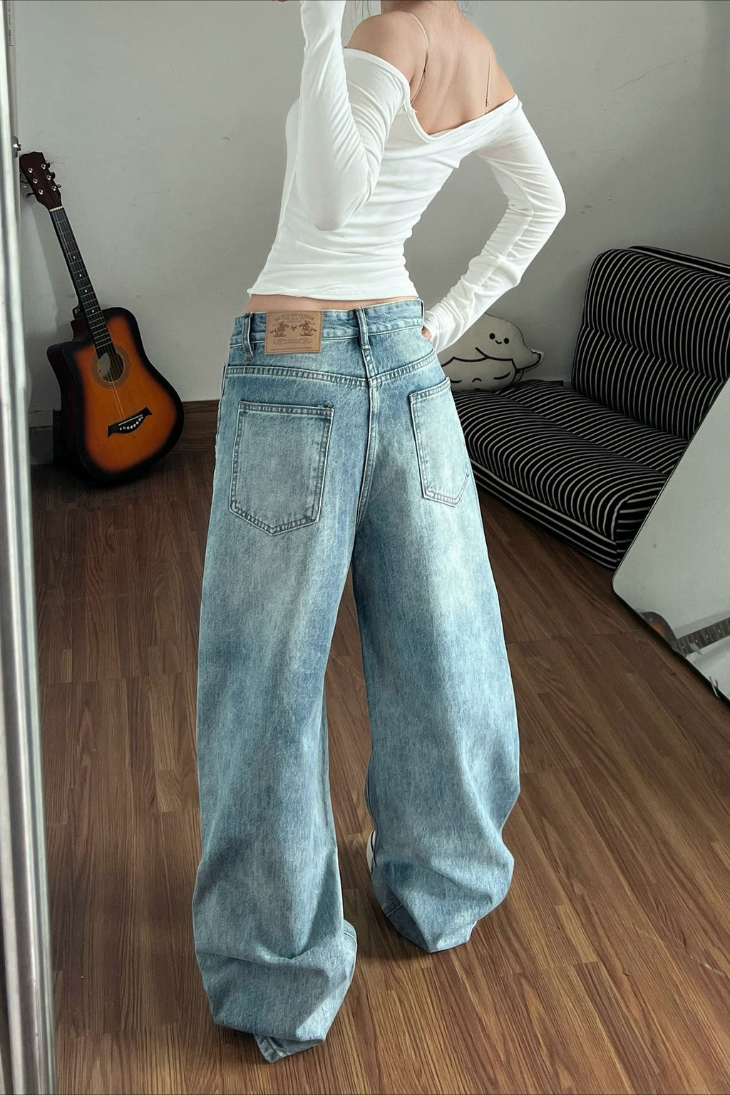 Military Button Wide Leg Barrel Jeans