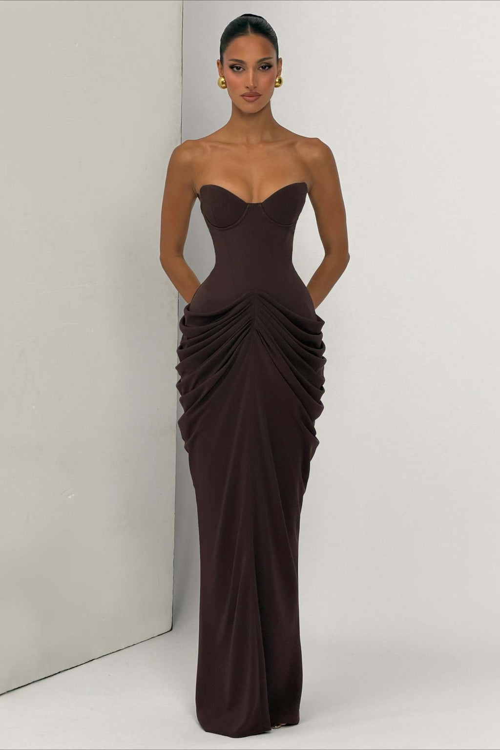 Strapless Sweetheart Corset Ruched Maxi Dress