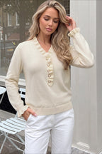 Ruffle Trim V Neck Button Placket Sweater