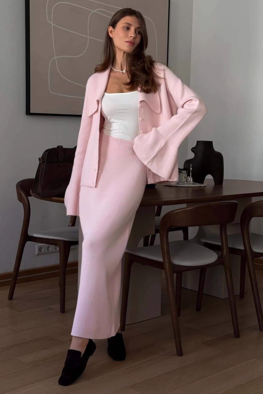Polo Collar Sweater Flare Sleeve Knit Set Main image