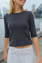 Polka Dot Three Quarter Sleeve Fitted T-Shirt