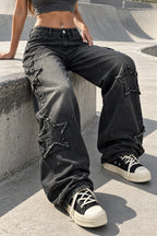 Frayed Star Applique Wide Leg Jeans