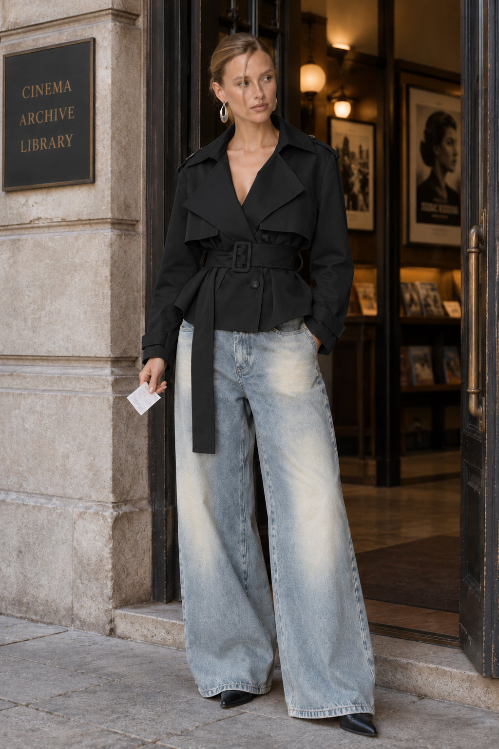 Cape Overlay Belted Cropped Double Breasted Coat