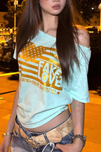 Letter Print Off Shoulder Relaxed T-Shirt